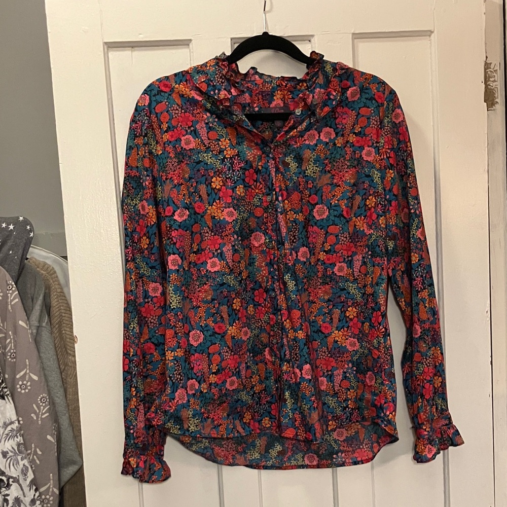 J. Crew Multicolor Floral Blouse with Ruffle Collar